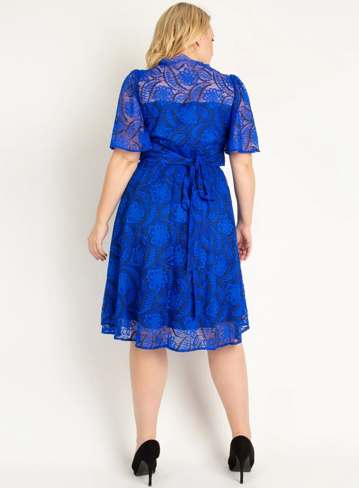 Jolie Moi Occasion Dresses|Mother Of The Bride-Plus Size Flare Sleeve Belted Lace Dress, Royal Blue