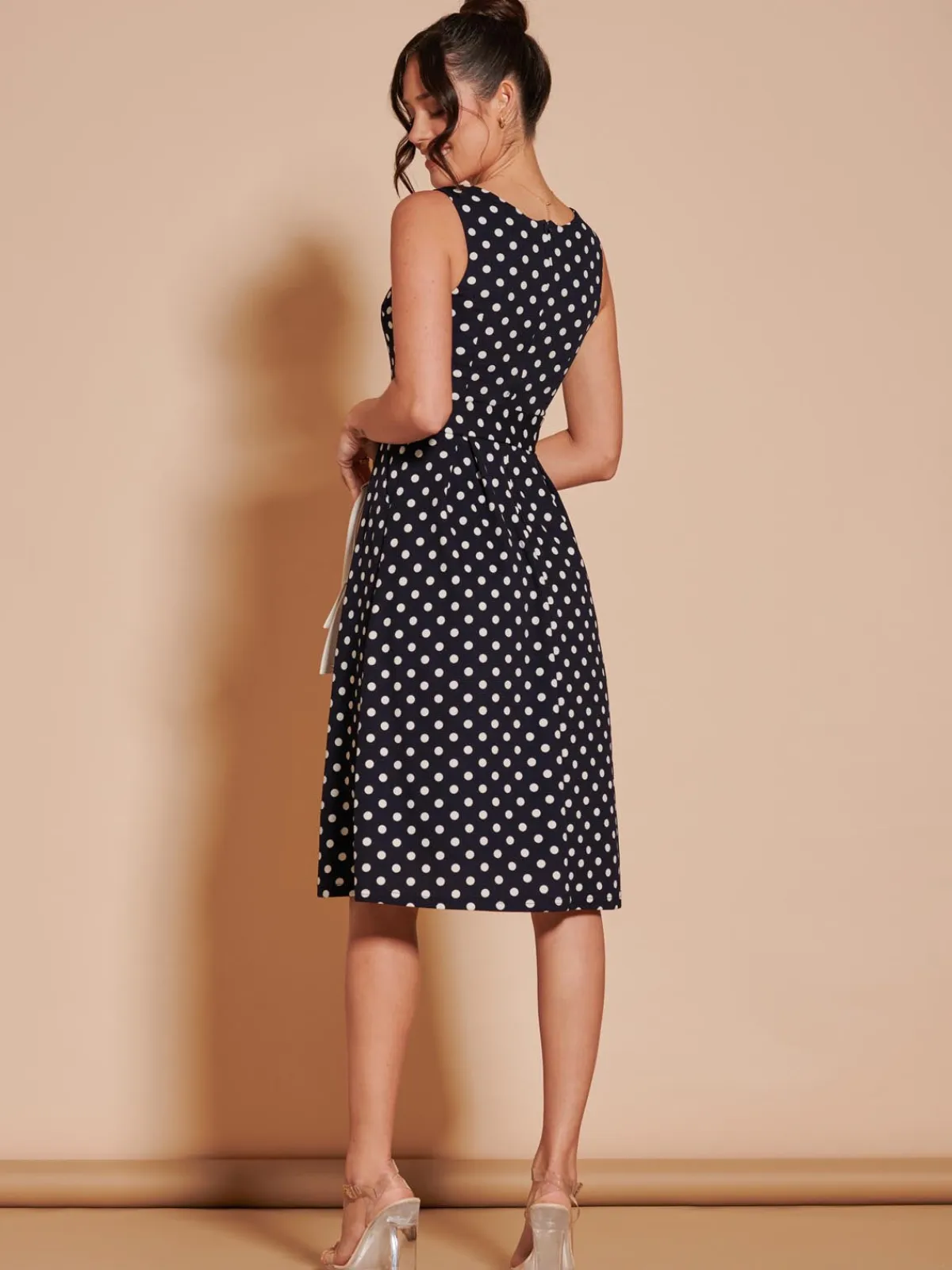 Jolie Moi Occasion Dresses|Sleeveless Dresses-Polka Dot 1950's Inspired Swing Dress, Navy Spot