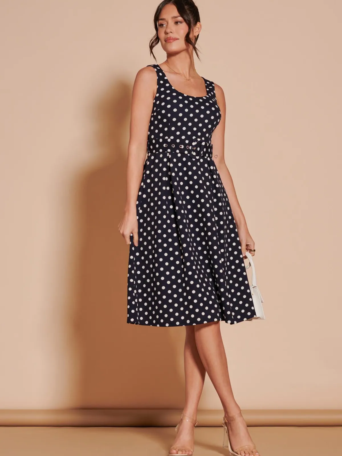 Jolie Moi Occasion Dresses|Sleeveless Dresses-Polka Dot 1950's Inspired Swing Dress, Navy Spot