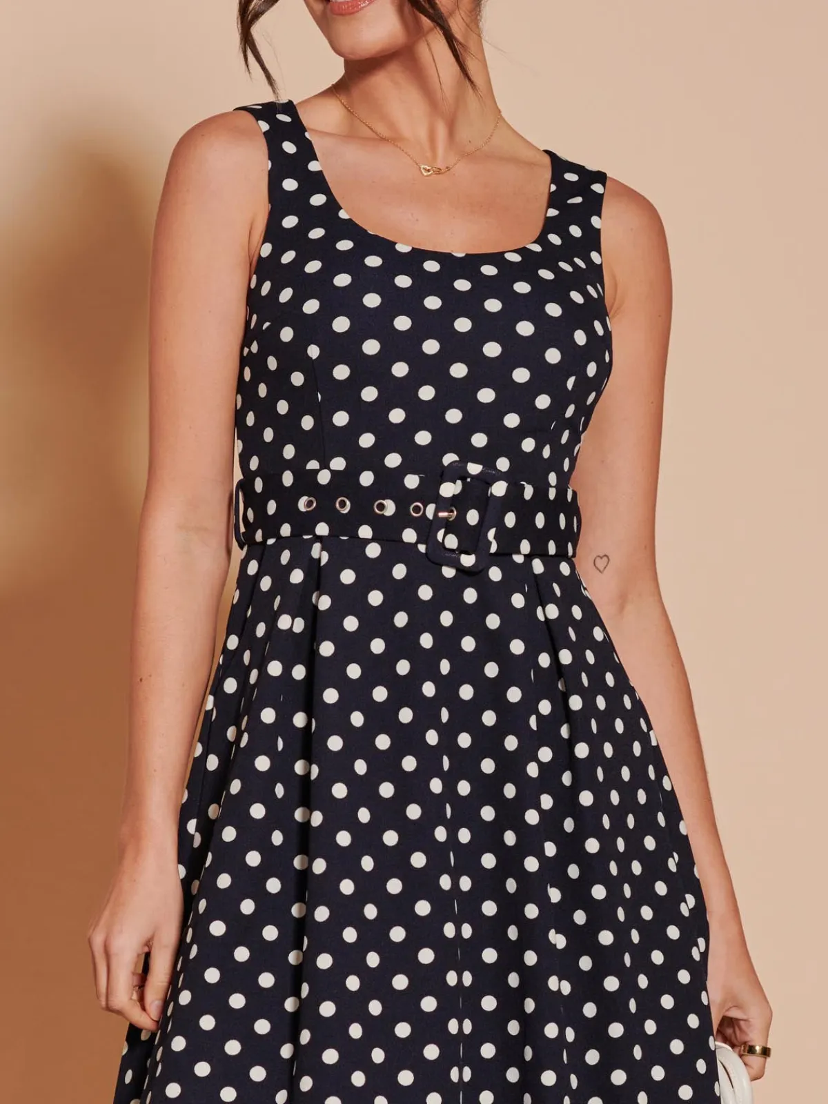Jolie Moi Occasion Dresses|Sleeveless Dresses-Polka Dot 1950's Inspired Swing Dress, Navy Spot