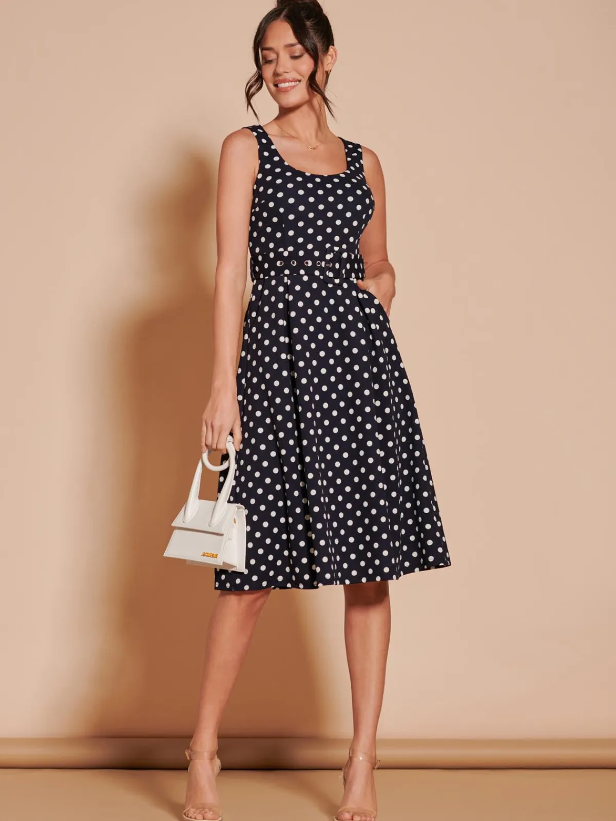 Jolie Moi Occasion Dresses|Sleeveless Dresses-Polka Dot 1950's Inspired Swing Dress, Navy Spot