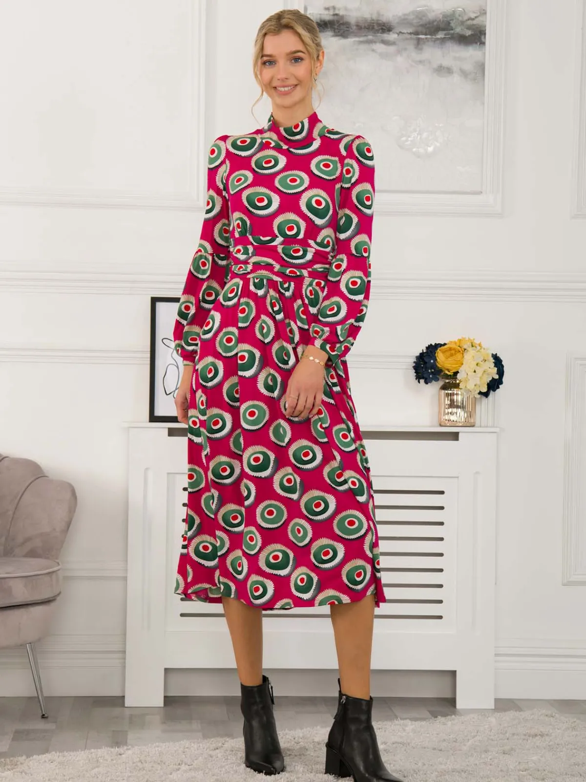 Jolie Moi Occasion Dresses|Jersey Dresses-Polo Neck Long Sleeve Midi Dress, Plum