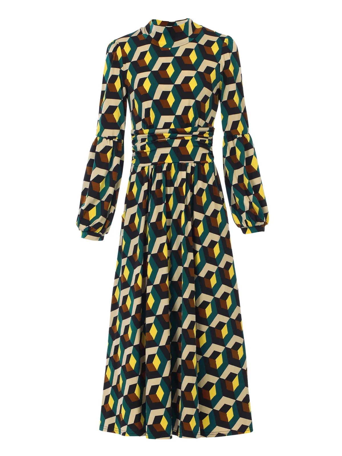 Jolie Moi Jersey Dresses|Weekend Casuals-Polo Neck Long Sleeve Midi Dress, Teal White Geo