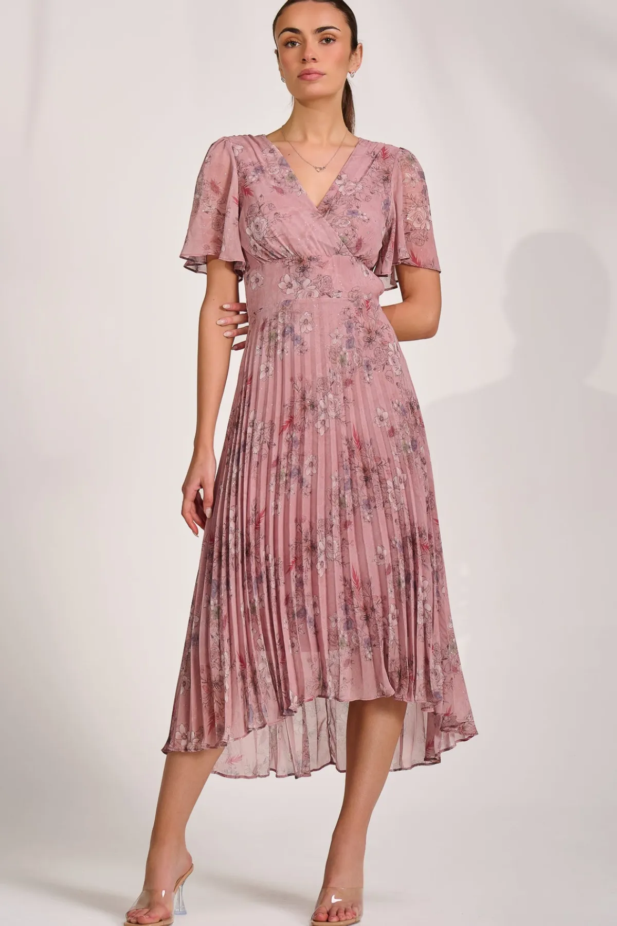 Jolie Moi Occasion Dresses|Floral Dresses-Printed Chiffon Glitter Maxi Dress, Pink Floral