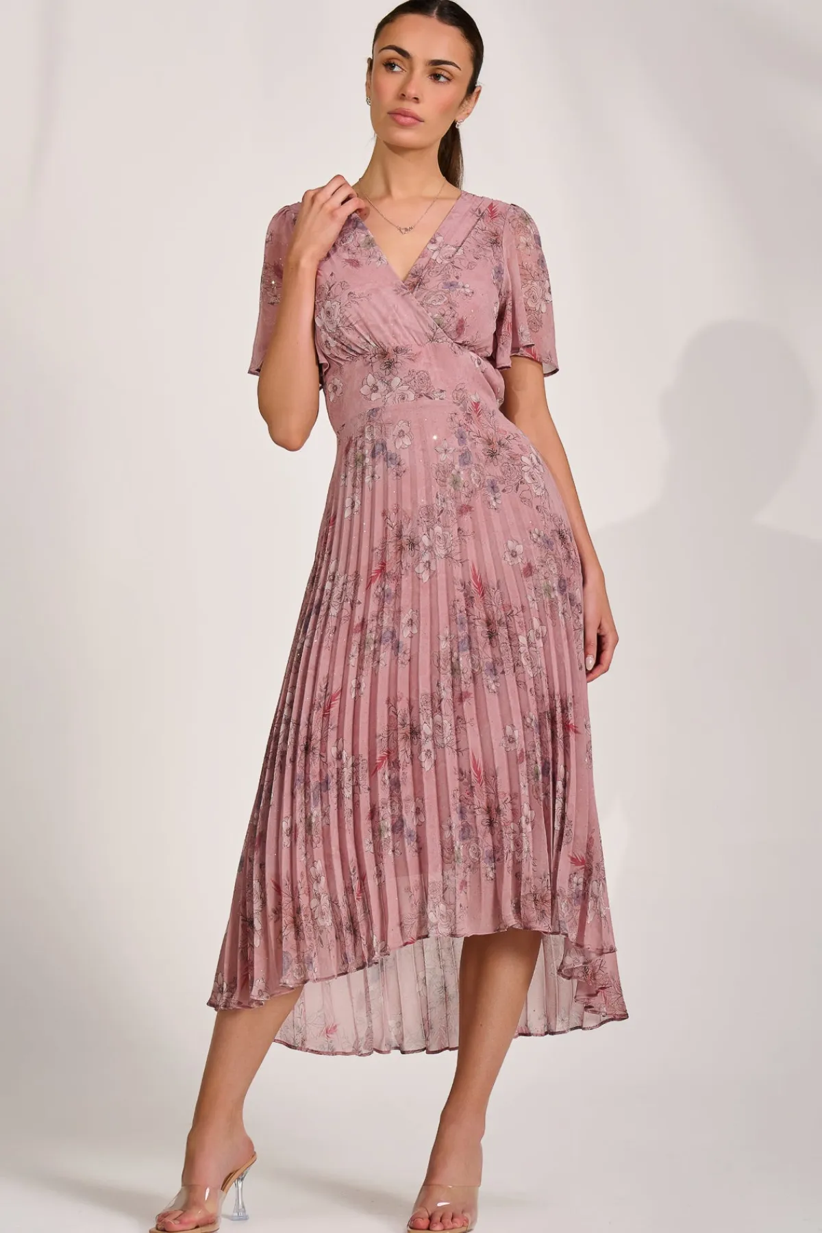 Jolie Moi Occasion Dresses|Floral Dresses-Printed Chiffon Glitter Maxi Dress, Pink Floral