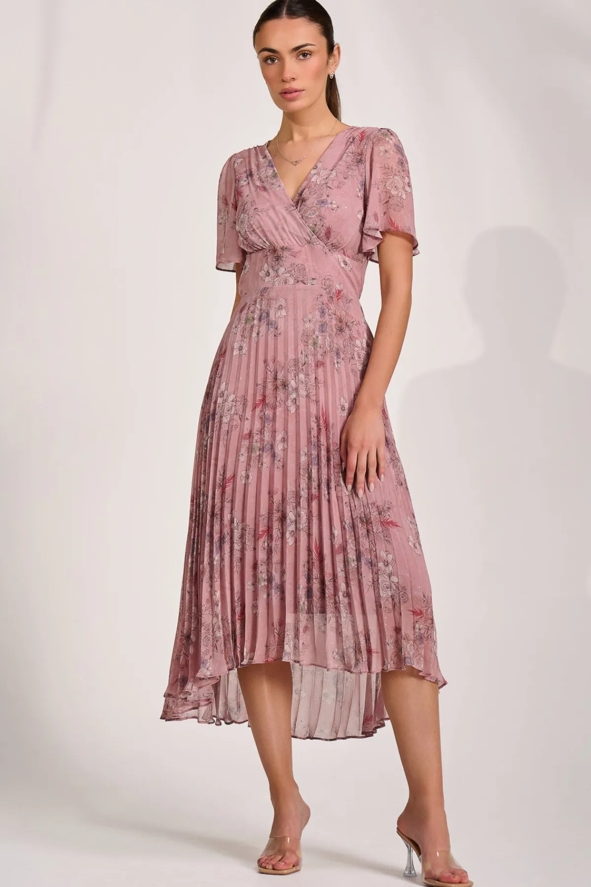 Jolie Moi Occasion Dresses|Floral Dresses-Printed Chiffon Glitter Maxi Dress, Pink Floral