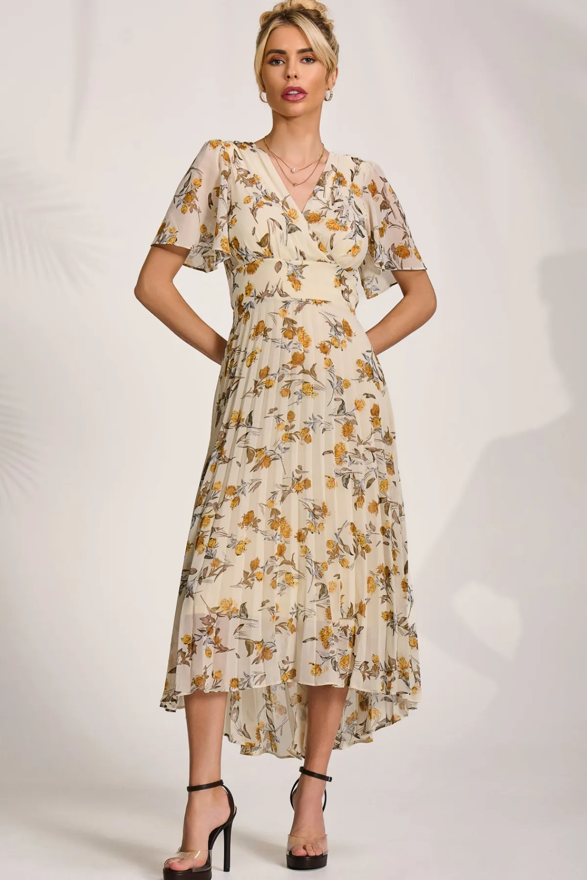 Jolie Moi Occasion Dresses|Floral Dresses-Printed Chiffon Pleated Maxi Dress, Amber Floral