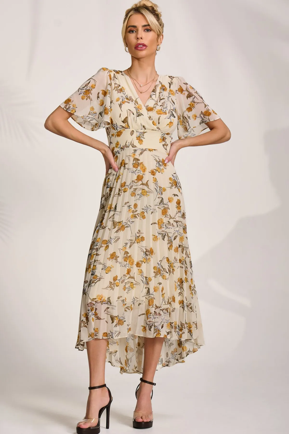 Jolie Moi Occasion Dresses|Floral Dresses-Printed Chiffon Pleated Maxi Dress, Amber Floral