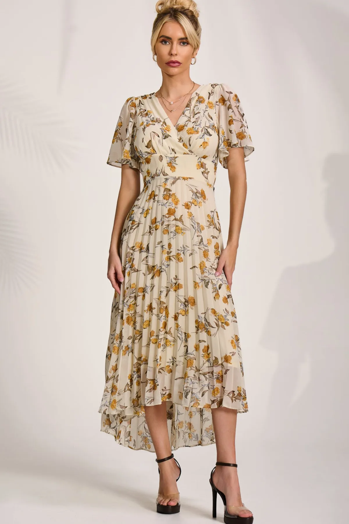 Jolie Moi Occasion Dresses|Floral Dresses-Printed Chiffon Pleated Maxi Dress, Amber Floral