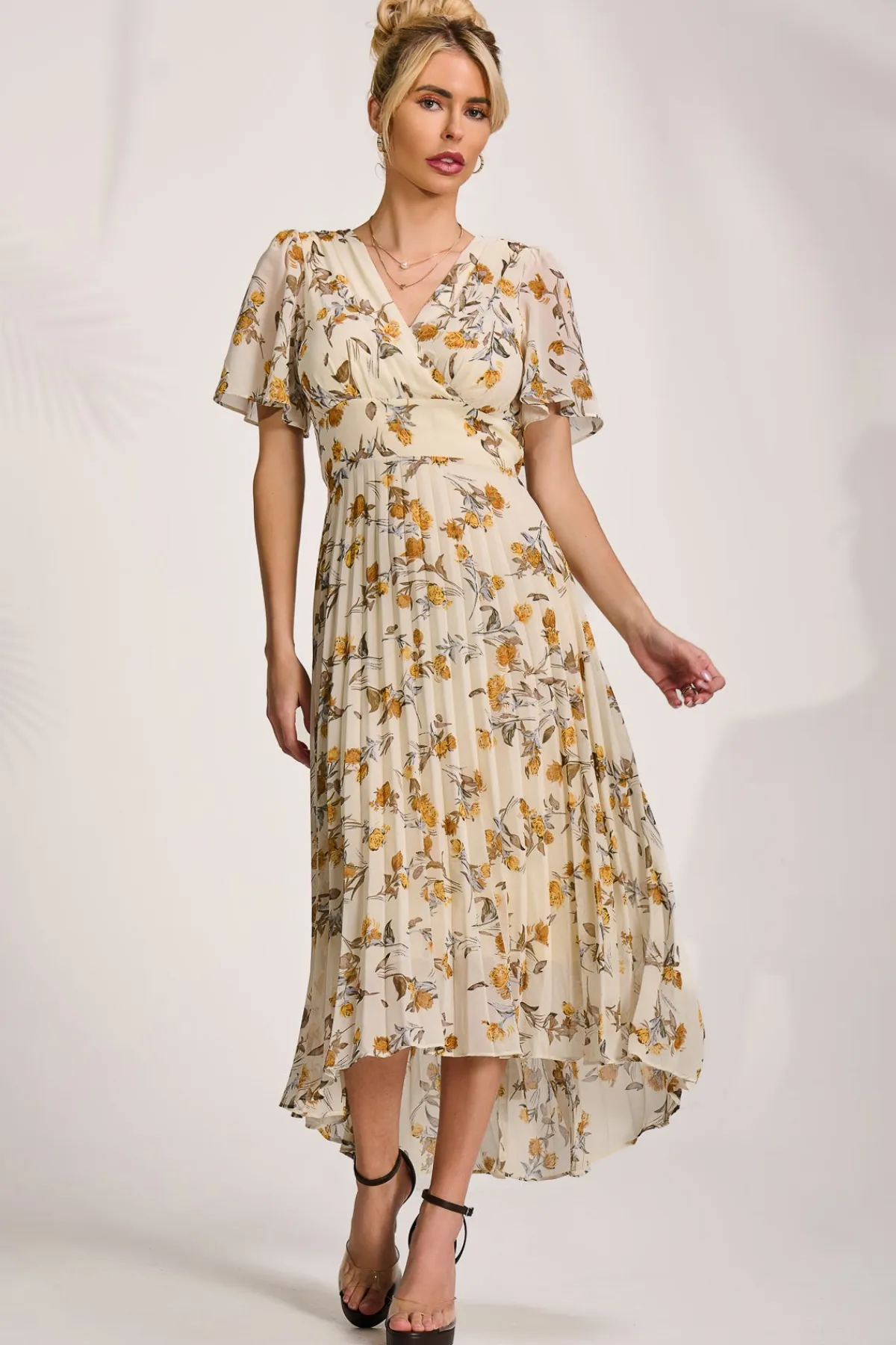 Jolie Moi Occasion Dresses|Floral Dresses-Printed Chiffon Pleated Maxi Dress, Amber Floral
