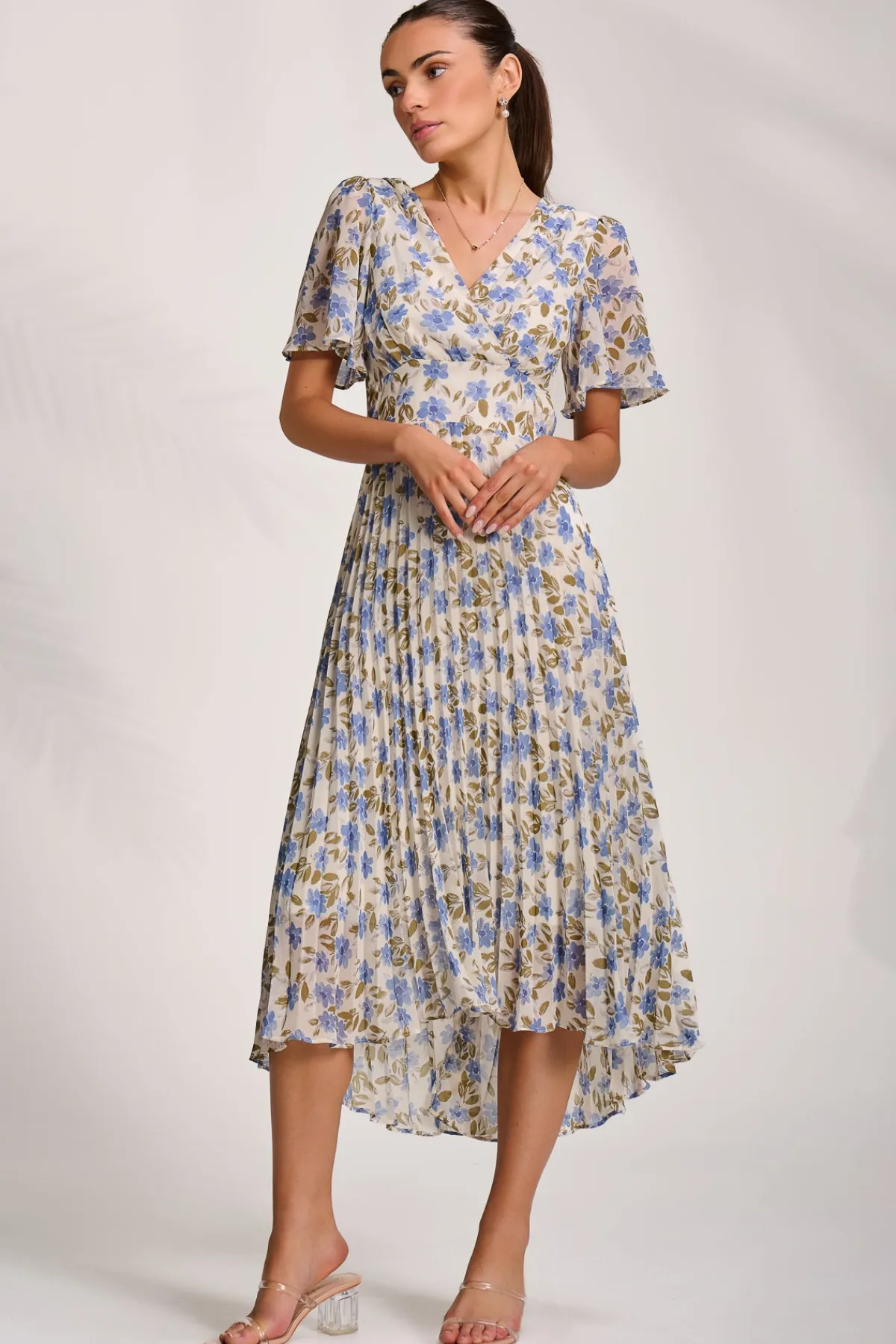 Jolie Moi Occasion Dresses|Wedding Guest-Printed Chiffon Pleated Maxi Dress, Blue Floral