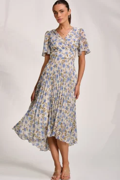 Jolie Moi Occasion Dresses|Wedding Guest-Printed Chiffon Pleated Maxi Dress, Blue Floral