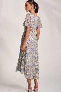 Jolie Moi Occasion Dresses|Wedding Guest-Printed Chiffon Pleated Maxi Dress, Blue Floral