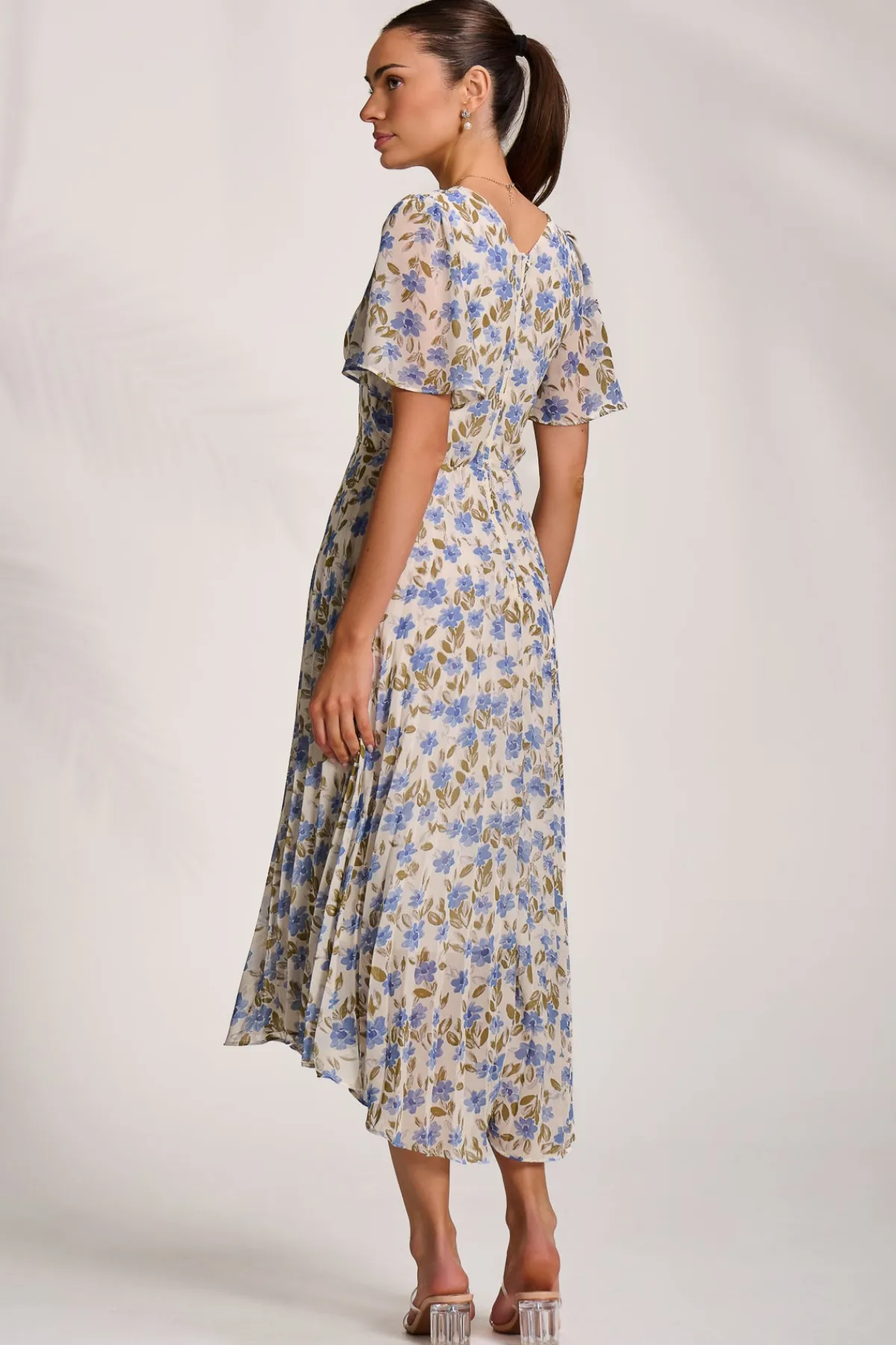 Jolie Moi Occasion Dresses|Wedding Guest-Printed Chiffon Pleated Maxi Dress, Blue Floral