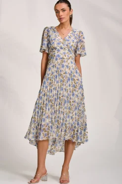 Jolie Moi Occasion Dresses|Wedding Guest-Printed Chiffon Pleated Maxi Dress, Blue Floral