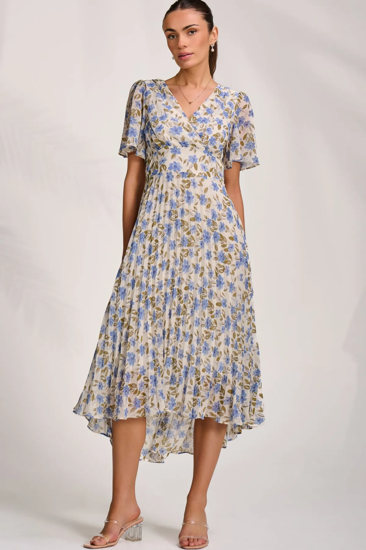 Jolie Moi Occasion Dresses|Wedding Guest-Printed Chiffon Pleated Maxi Dress, Blue Floral