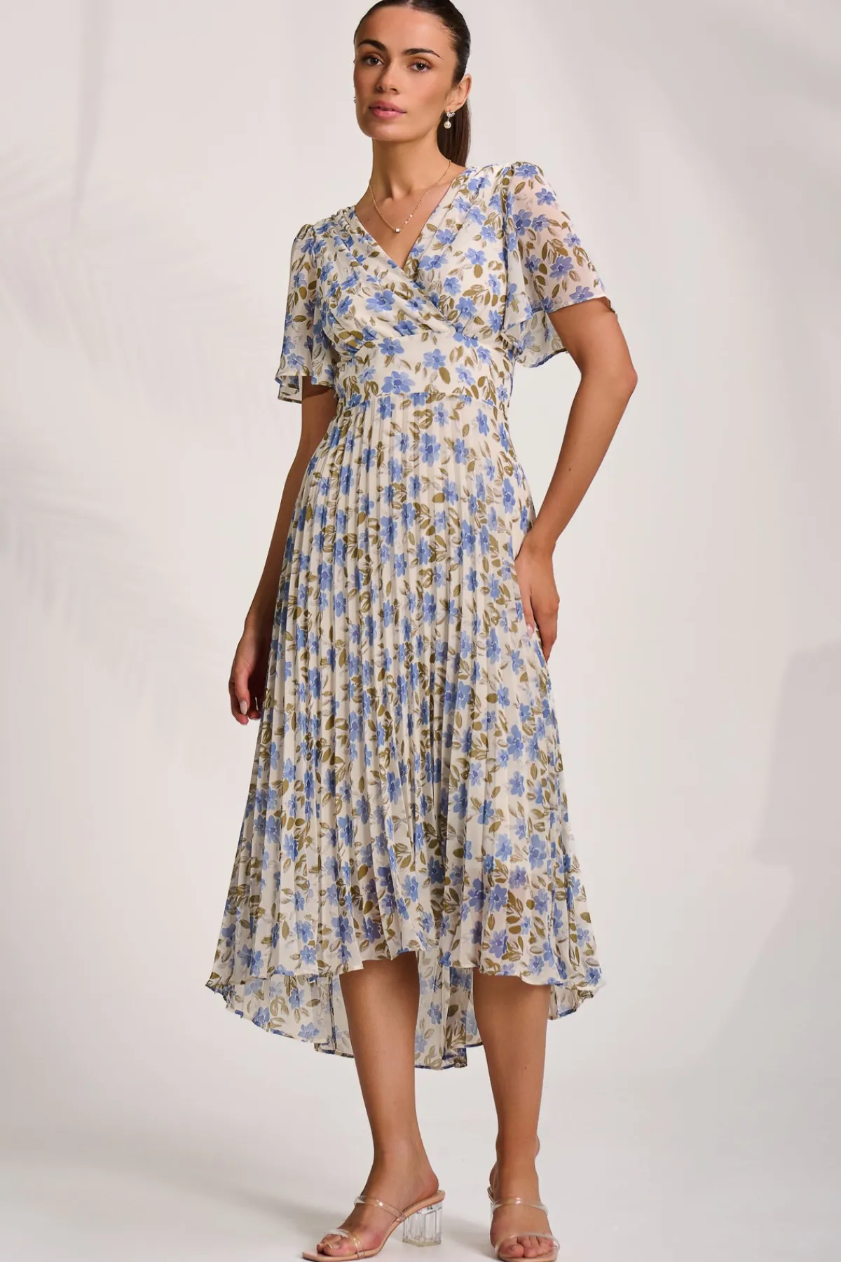 Jolie Moi Occasion Dresses|Wedding Guest-Printed Chiffon Pleated Maxi Dress, Blue Floral