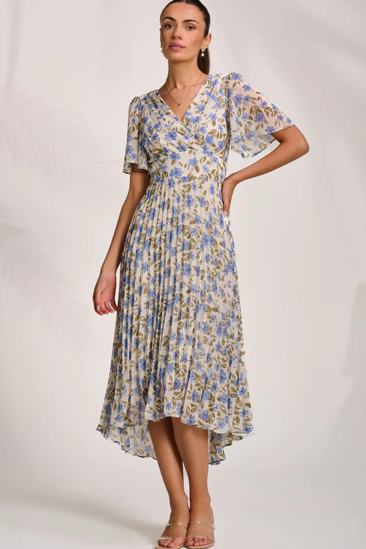 Jolie Moi Occasion Dresses|Wedding Guest-Printed Chiffon Pleated Maxi Dress, Blue Floral