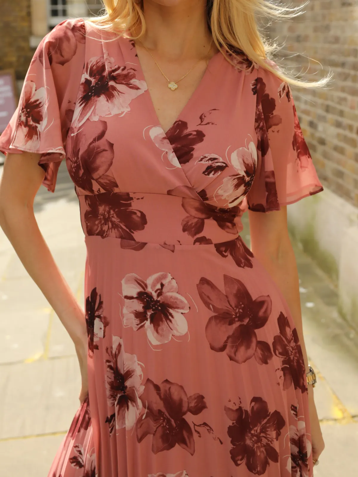 Jolie Moi Occasion Dresses|Party Dresses-Printed Chiffon Pleated Maxi Dress, Mauve Floral