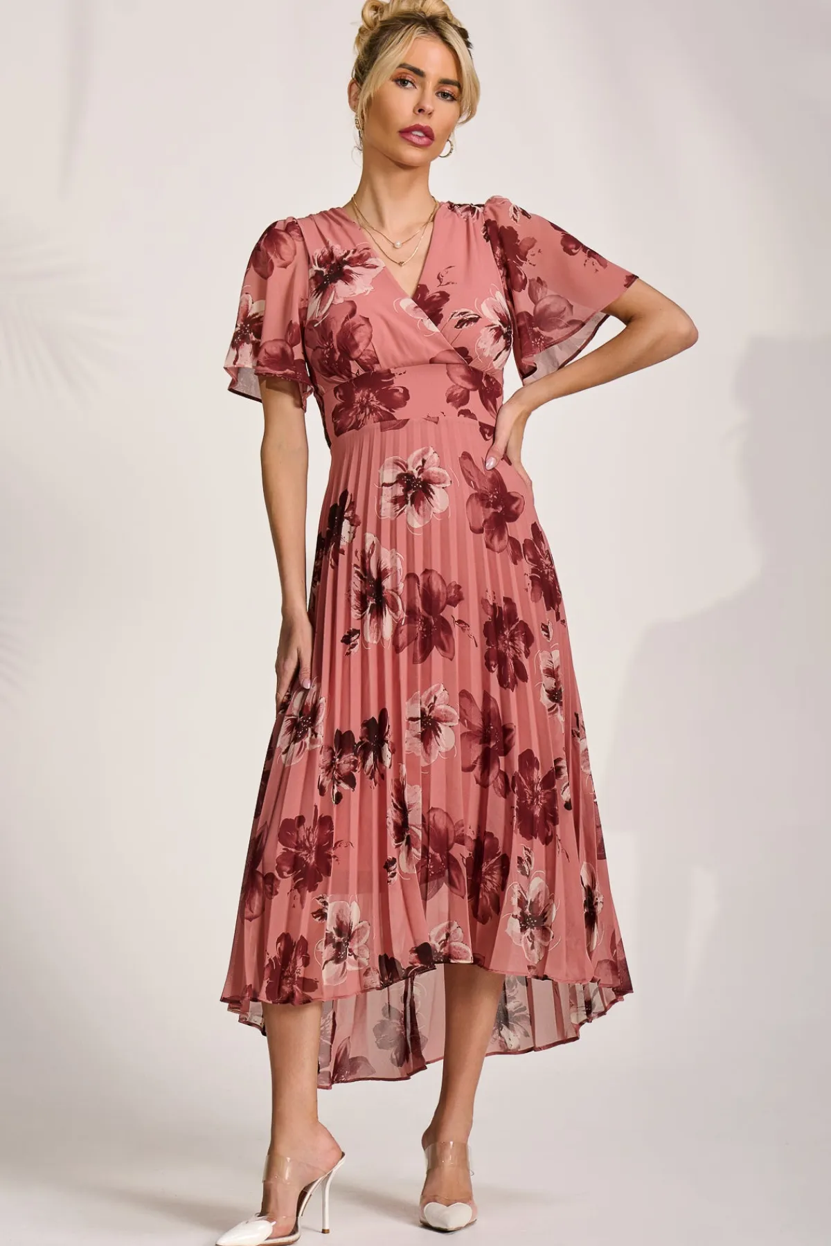 Jolie Moi Occasion Dresses|Party Dresses-Printed Chiffon Pleated Maxi Dress, Mauve Floral