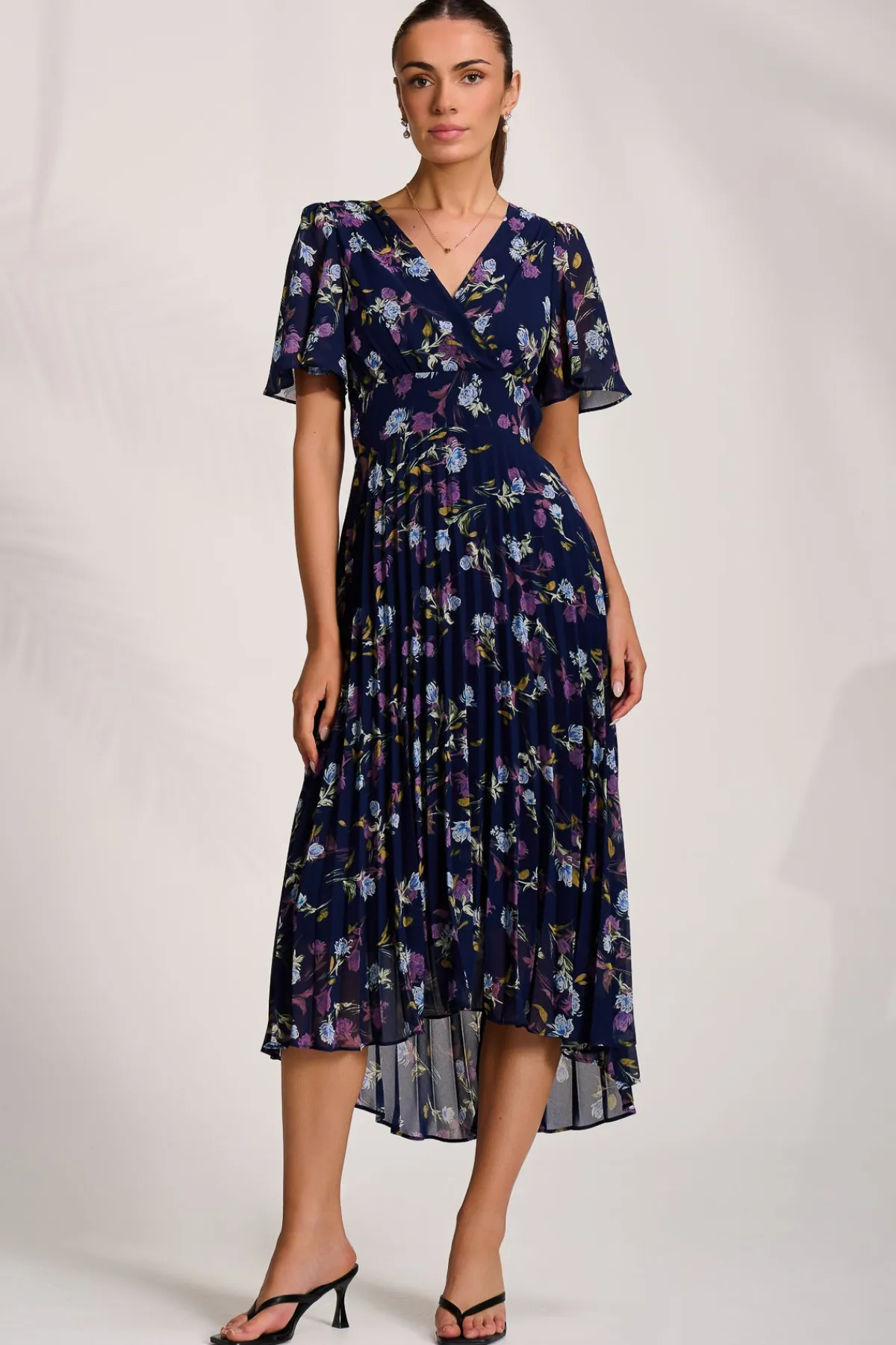 Jolie Moi Occasion Dresses|Floral Dresses-Printed Chiffon Pleated Maxi Dress, Navy Floral