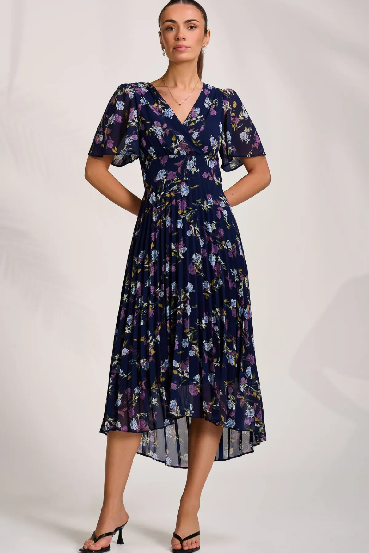 Jolie Moi Occasion Dresses|Floral Dresses-Printed Chiffon Pleated Maxi Dress, Navy Floral