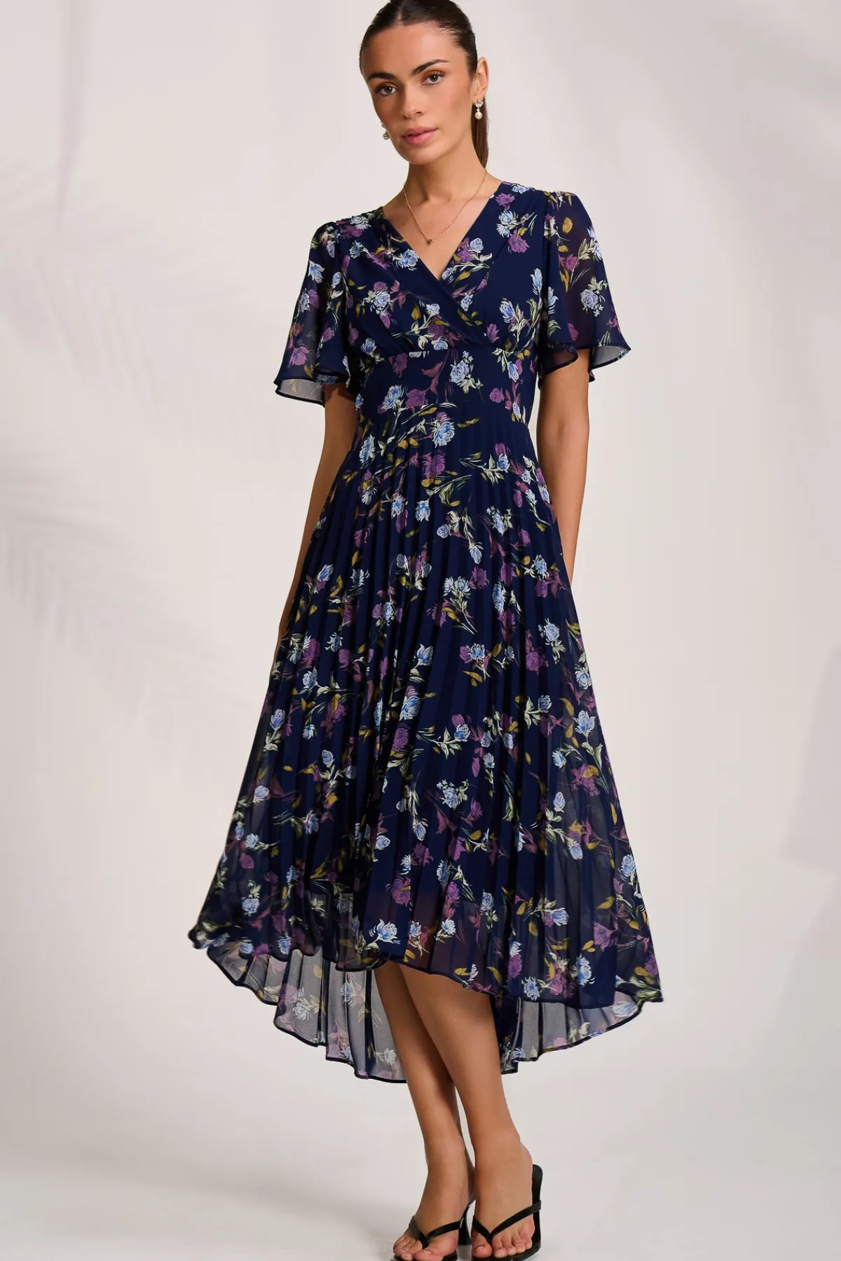 Jolie Moi Occasion Dresses|Floral Dresses-Printed Chiffon Pleated Maxi Dress, Navy Floral