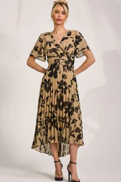 Jolie Moi Occasion Dresses|Party Dresses-Printed Chiffon Pleated Maxi Dress, Stone/Black