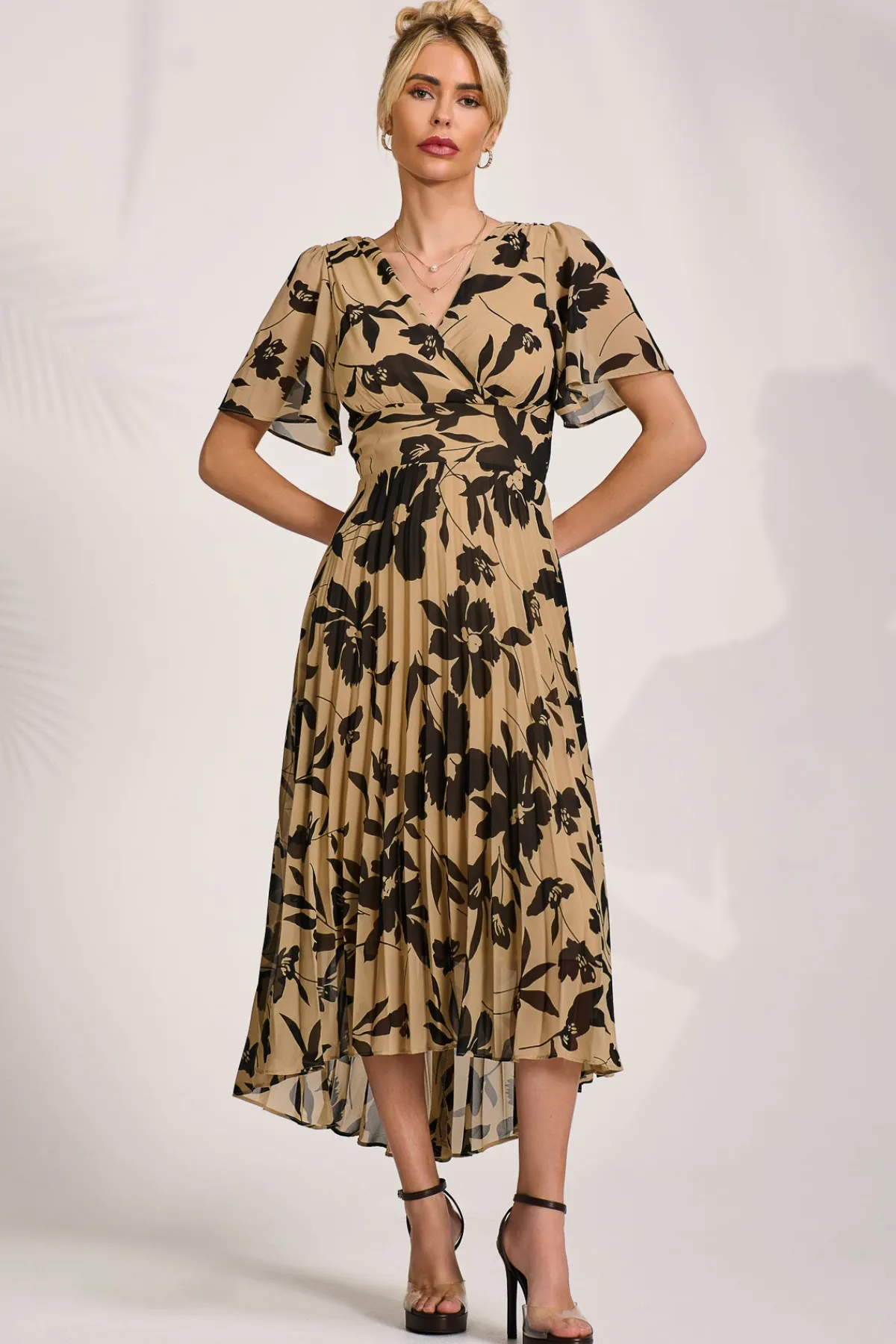 Jolie Moi Occasion Dresses|Party Dresses-Printed Chiffon Pleated Maxi Dress, Stone/Black