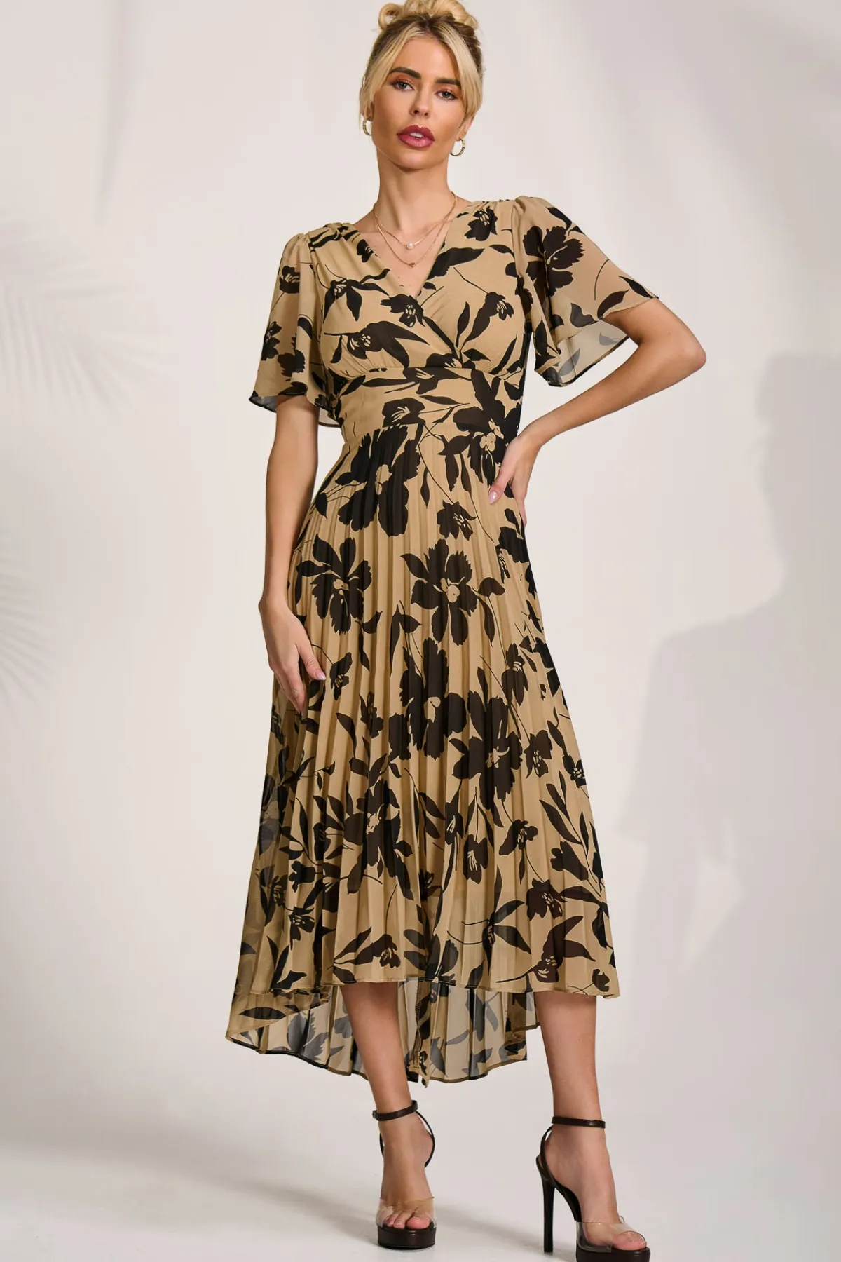 Jolie Moi Occasion Dresses|Party Dresses-Printed Chiffon Pleated Maxi Dress, Stone/Black