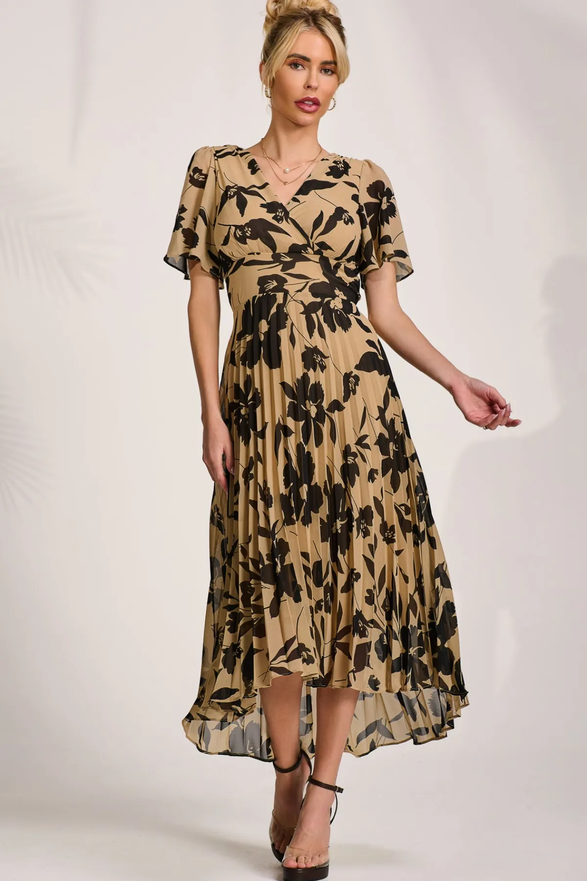 Jolie Moi Occasion Dresses|Party Dresses-Printed Chiffon Pleated Maxi Dress, Stone/Black