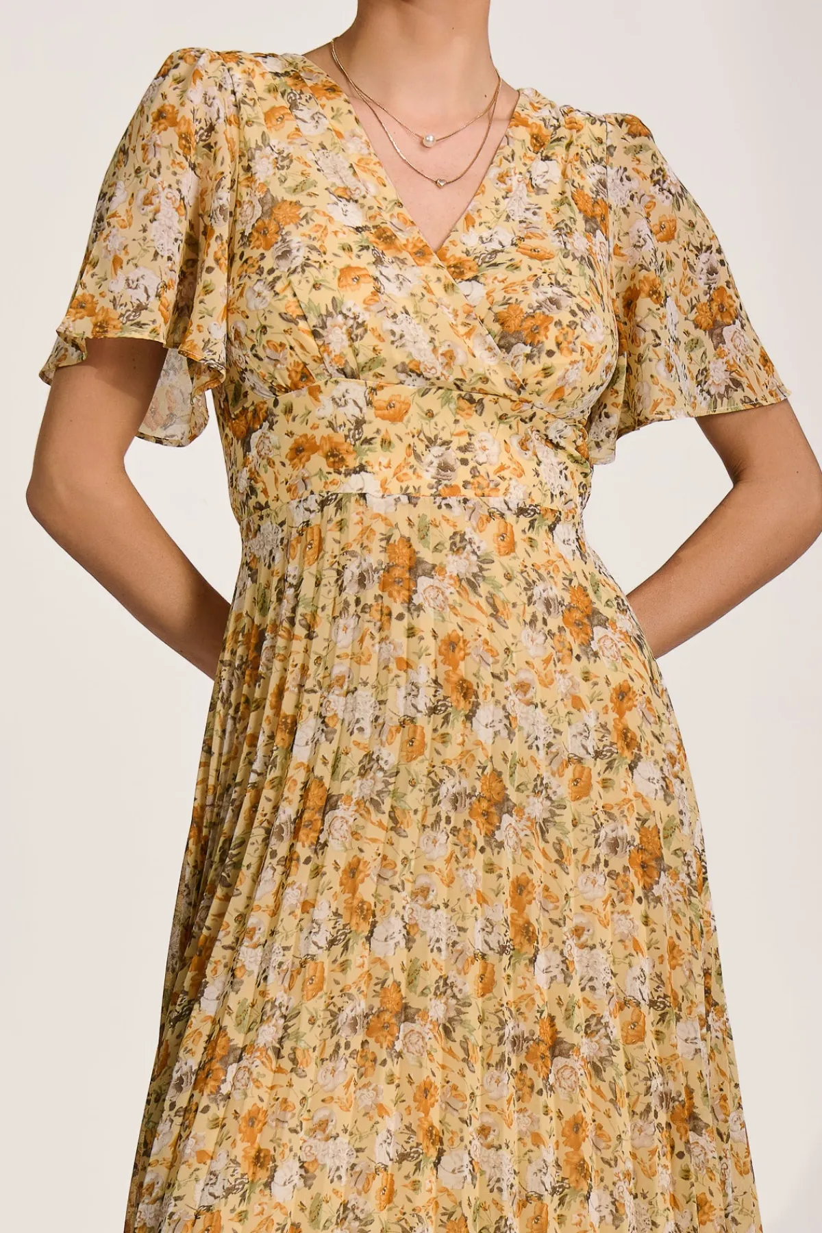 Jolie Moi Occasion Dresses|Floral Dresses-Printed Chiffon Pleated Maxi Dress, Yellow Floral