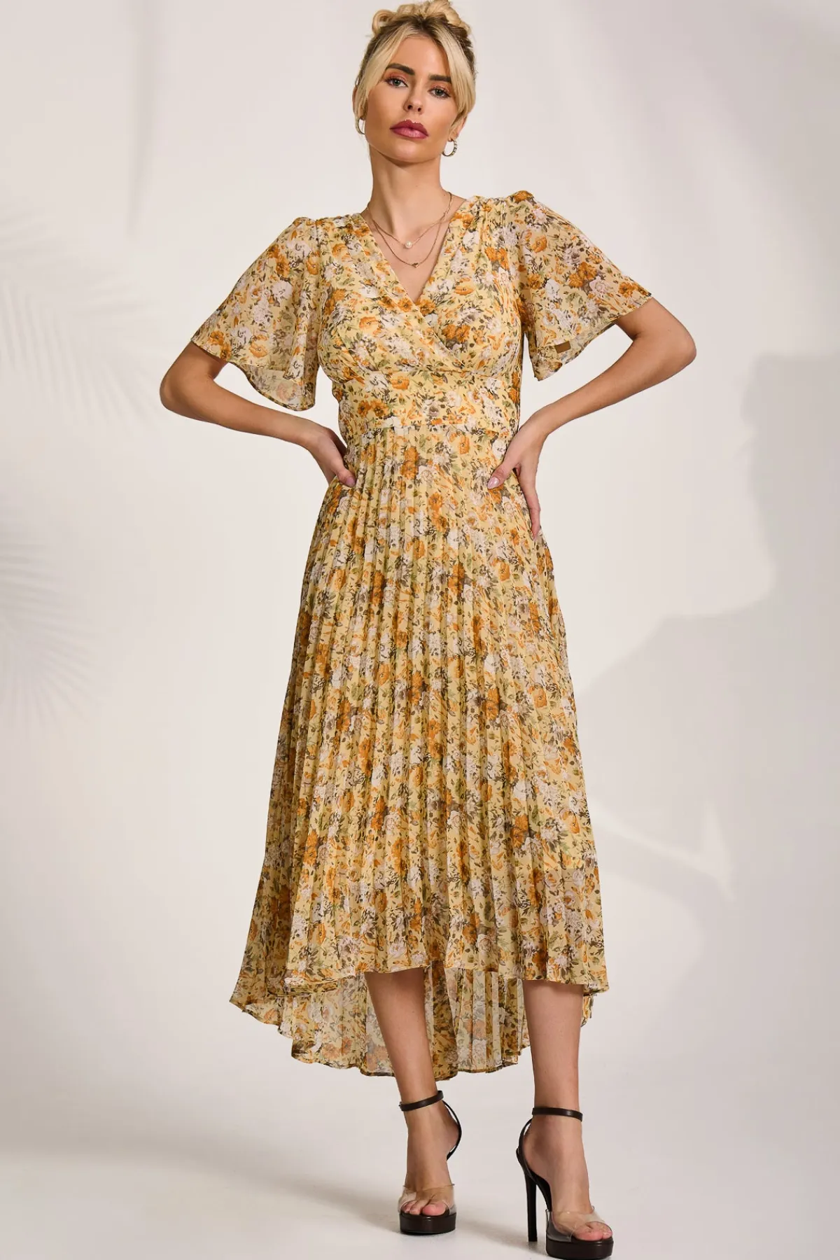 Jolie Moi Occasion Dresses|Floral Dresses-Printed Chiffon Pleated Maxi Dress, Yellow Floral