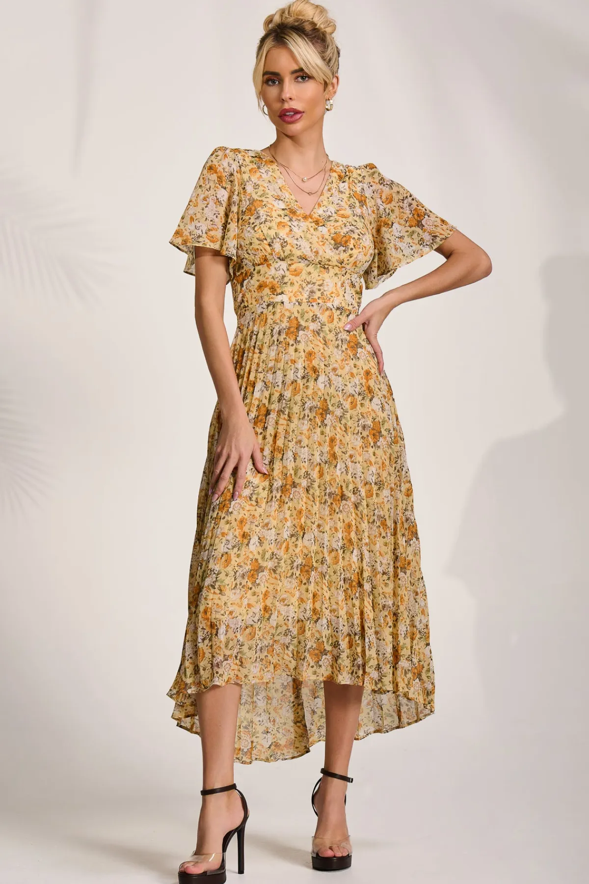 Jolie Moi Occasion Dresses|Floral Dresses-Printed Chiffon Pleated Maxi Dress, Yellow Floral