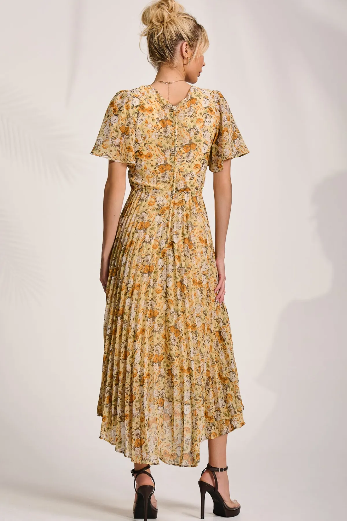 Jolie Moi Occasion Dresses|Floral Dresses-Printed Chiffon Pleated Maxi Dress, Yellow Floral