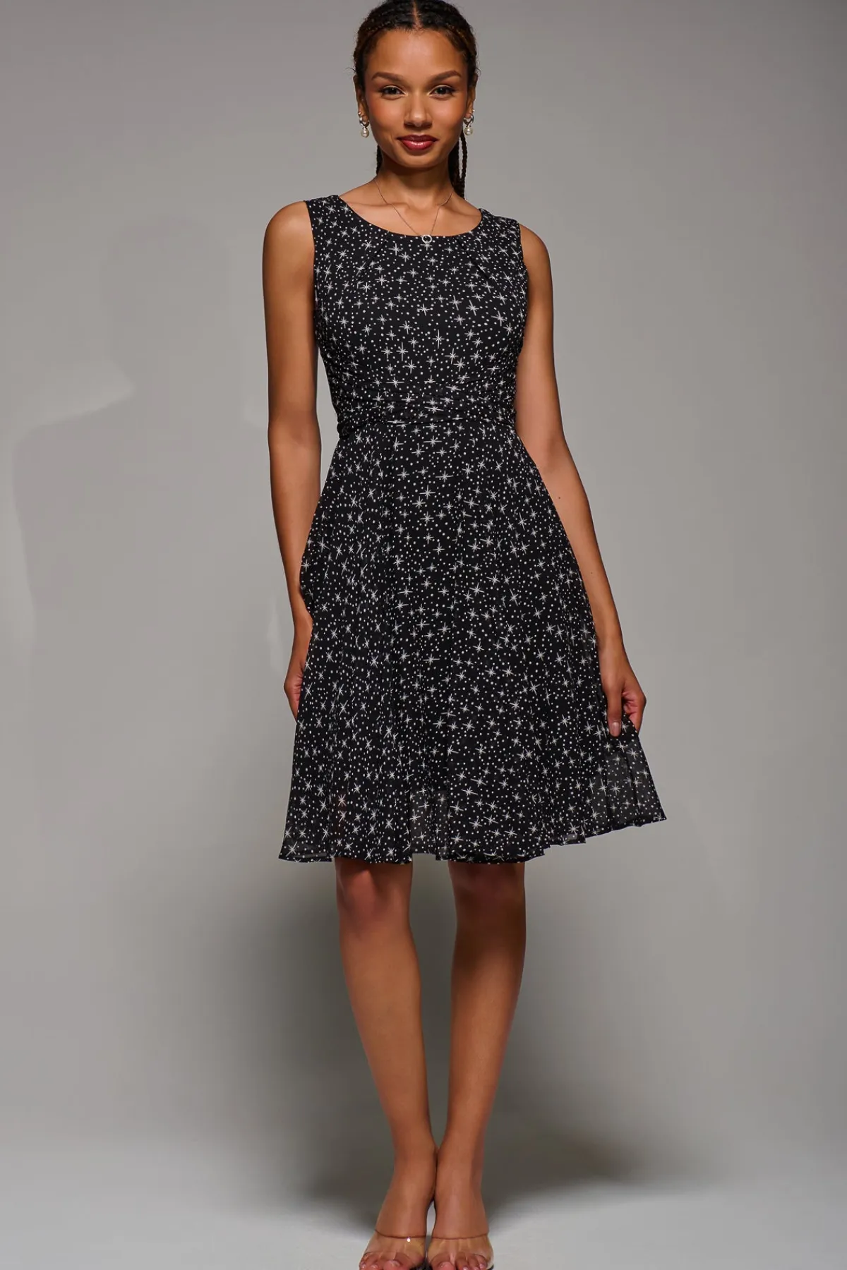 Jolie Moi Occasion Dresses|Sleeveless Dresses-Printed Fit & Flare Dress, Black Star