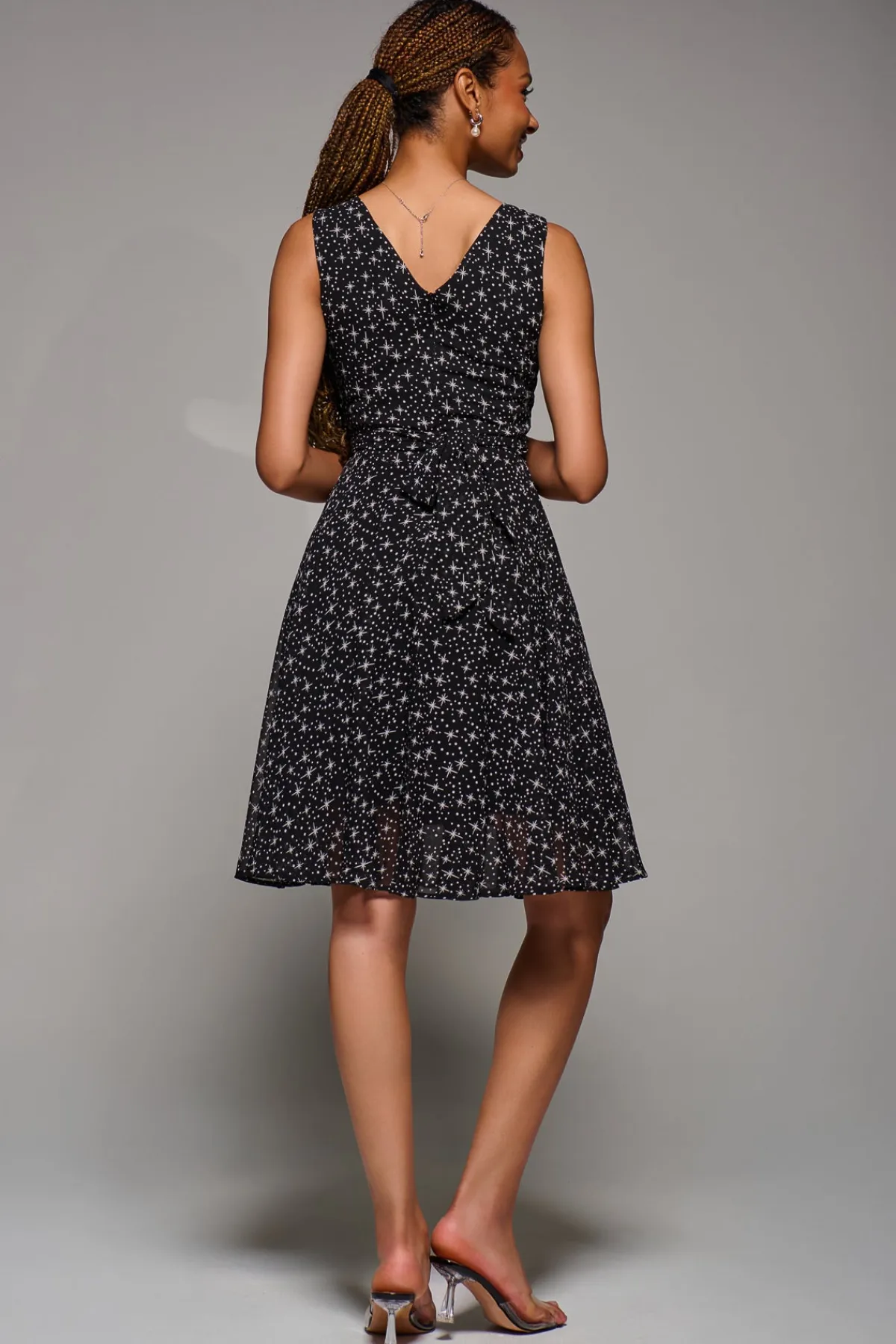 Jolie Moi Occasion Dresses|Sleeveless Dresses-Printed Fit & Flare Dress, Black Star