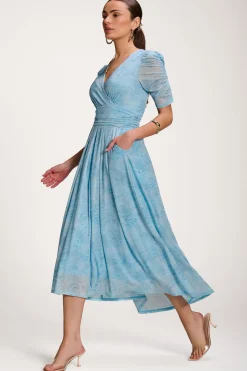 Jolie Moi Occasion Dresses|Mesh Dresses-Printed Mesh Dip Hem Maxi Dress, Blue Abstract