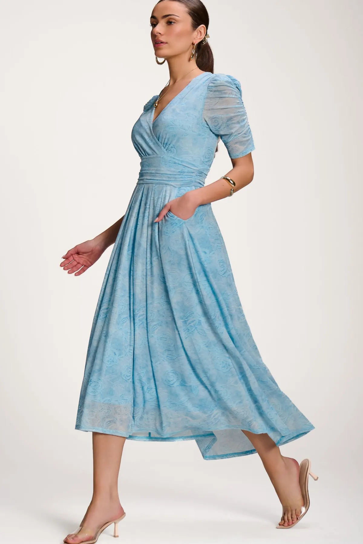 Jolie Moi Occasion Dresses|Mesh Dresses-Printed Mesh Dip Hem Maxi Dress, Blue Abstract