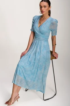 Jolie Moi Occasion Dresses|Mesh Dresses-Printed Mesh Dip Hem Maxi Dress, Blue Abstract