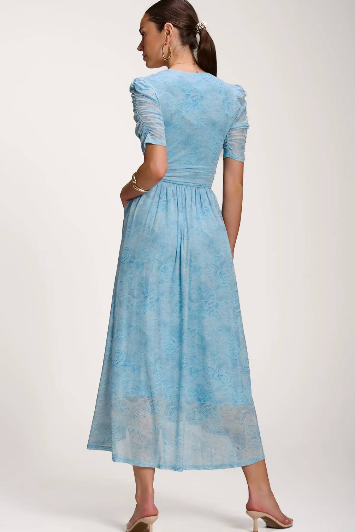 Jolie Moi Occasion Dresses|Mesh Dresses-Printed Mesh Dip Hem Maxi Dress, Blue Abstract