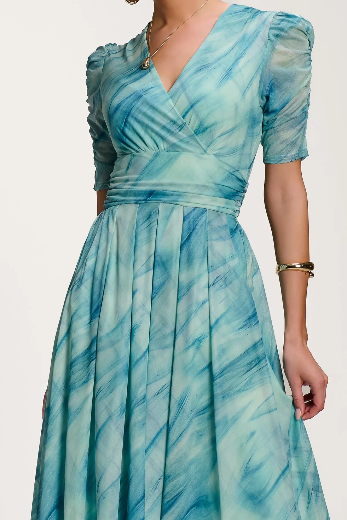 Jolie Moi Occasion Dresses|Mesh Dresses-Printed Mesh Dip Hem Maxi Dress, Green Abstract