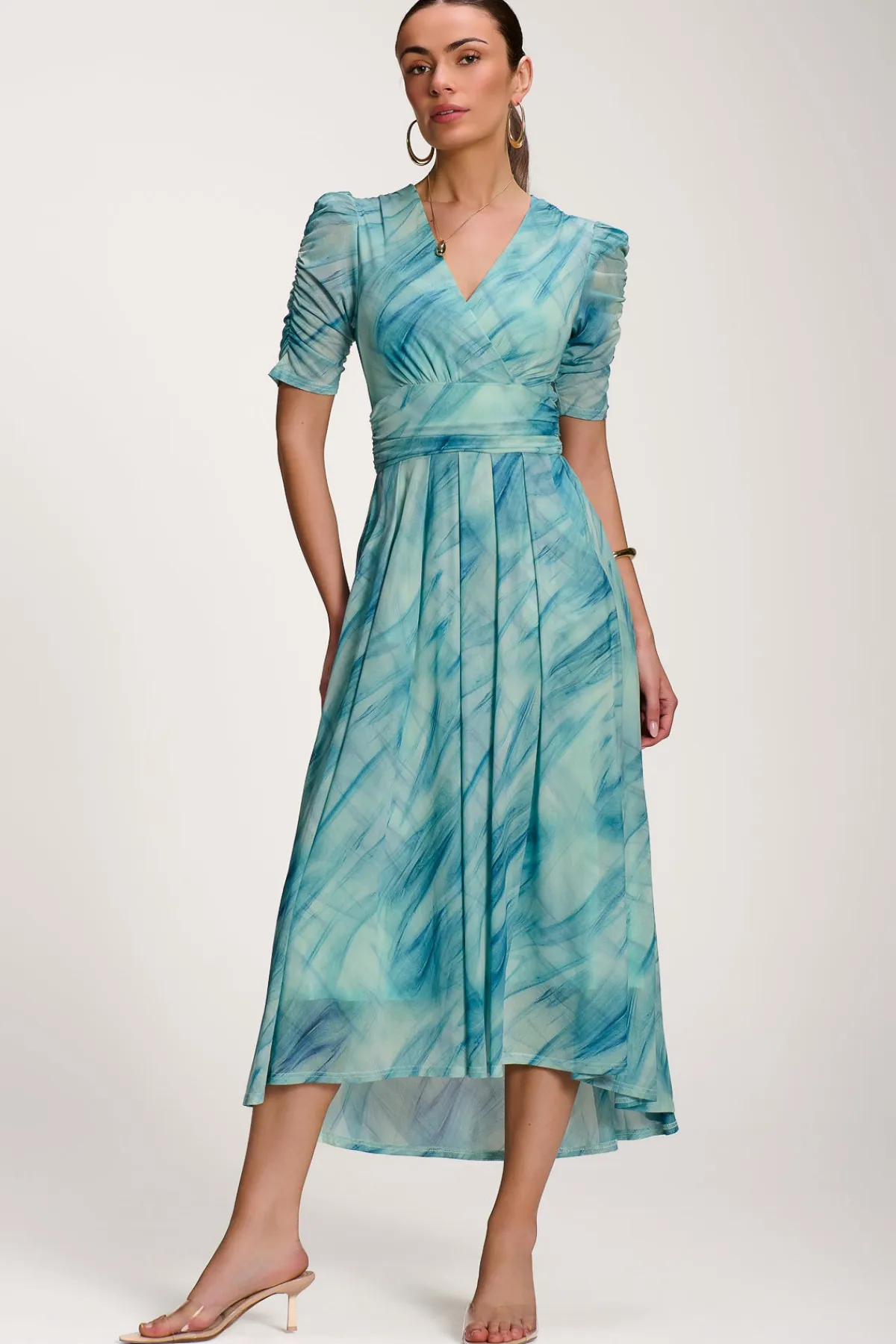 Jolie Moi Occasion Dresses|Mesh Dresses-Printed Mesh Dip Hem Maxi Dress, Green Abstract