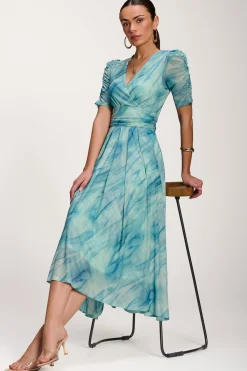 Jolie Moi Occasion Dresses|Mesh Dresses-Printed Mesh Dip Hem Maxi Dress, Green Abstract