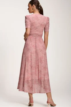 Jolie Moi Occasion Dresses|Mesh Dresses-Printed Mesh Dip Hem Maxi Dress, Pink Abstract