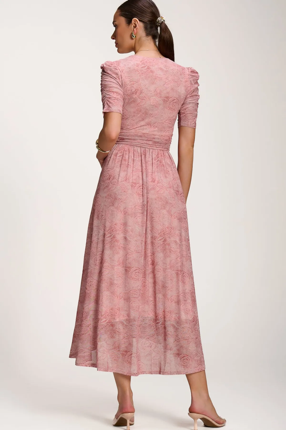 Jolie Moi Occasion Dresses|Mesh Dresses-Printed Mesh Dip Hem Maxi Dress, Pink Abstract