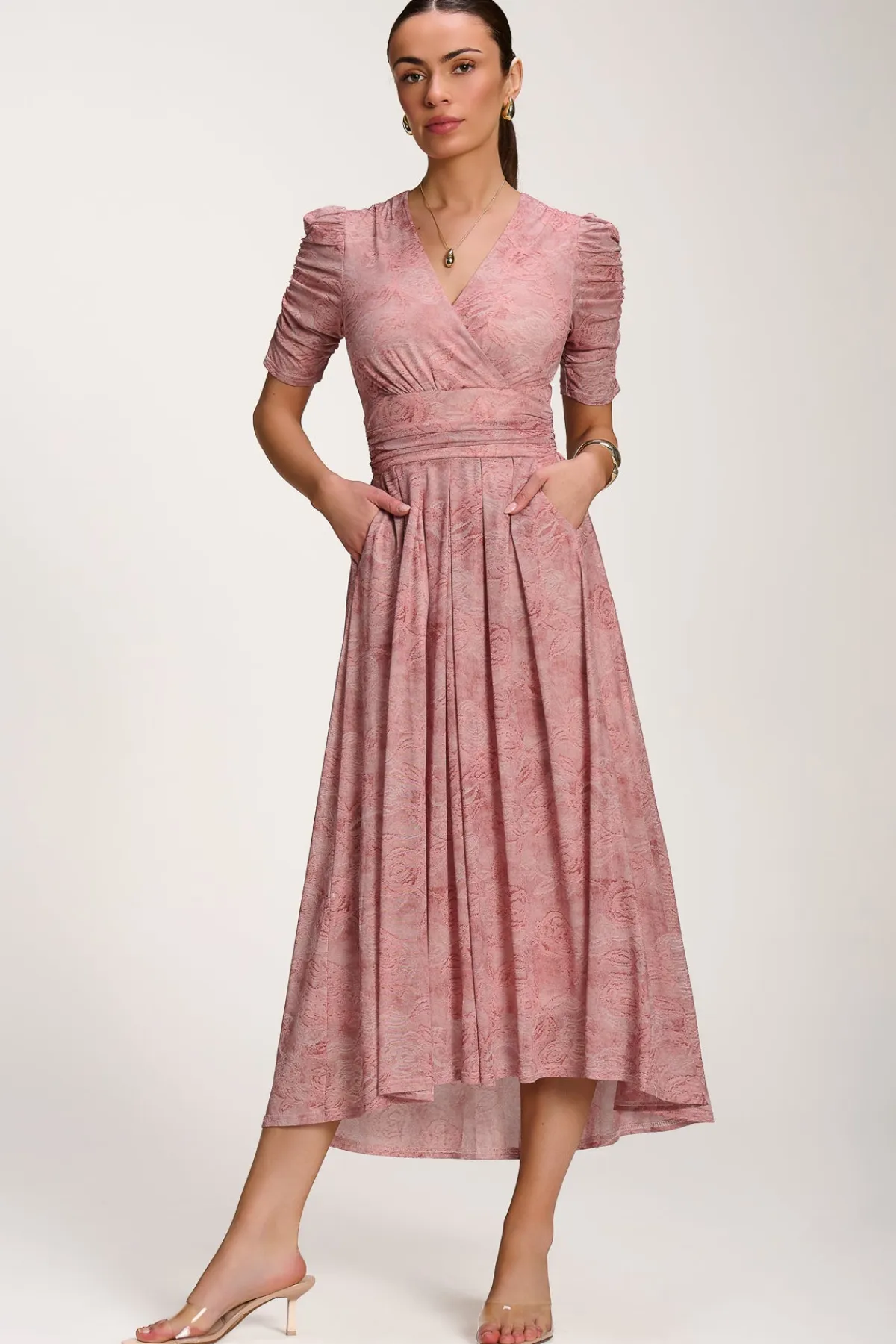 Jolie Moi Occasion Dresses|Mesh Dresses-Printed Mesh Dip Hem Maxi Dress, Pink Abstract