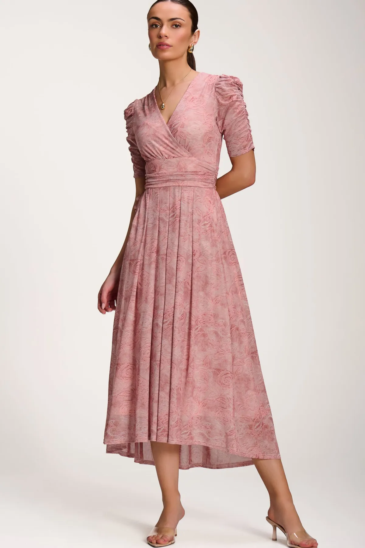 Jolie Moi Occasion Dresses|Mesh Dresses-Printed Mesh Dip Hem Maxi Dress, Pink Abstract