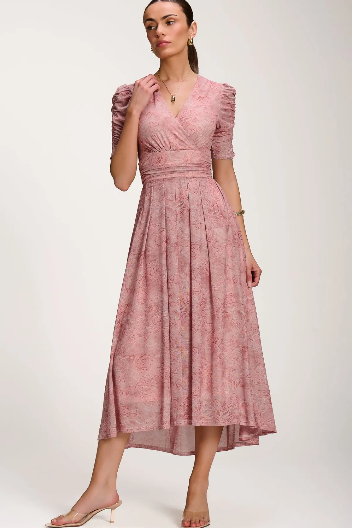 Jolie Moi Occasion Dresses|Mesh Dresses-Printed Mesh Dip Hem Maxi Dress, Pink Abstract