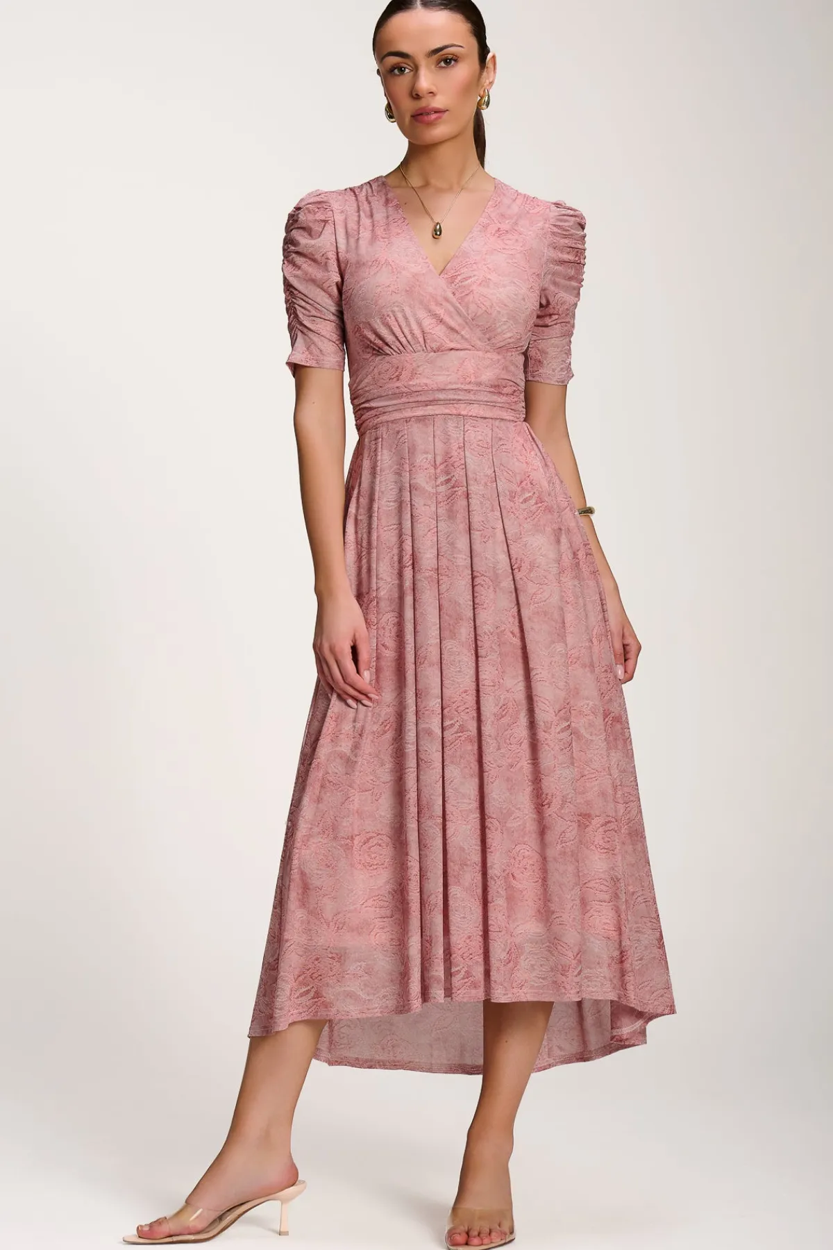 Jolie Moi Occasion Dresses|Mesh Dresses-Printed Mesh Dip Hem Maxi Dress, Pink Abstract